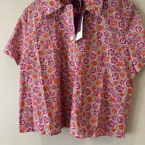J. Crew Pink and Orange Blouse Vibrant Floral Design Liberty style
